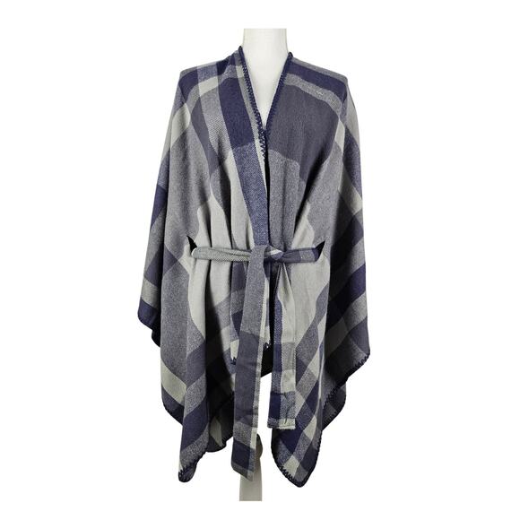 KIT BY EG WOMEN'S PLAID BLUE/GRAY SHAWL WRAP PONCHO SCARF - ONE SIZE FITS ALL - Picture 1 of 7